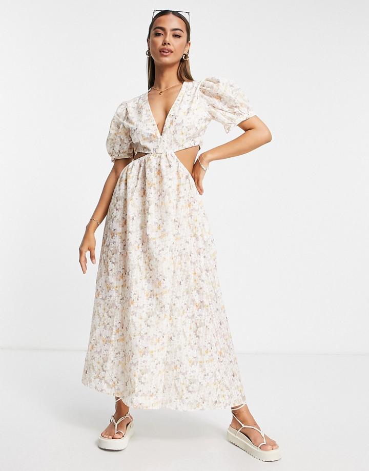 Urban Revivo Cut Out Detail Midi Dress In White Floral