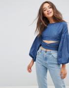 Asos Denim Top With Balloon Sleeve And Tie Waist - Blue