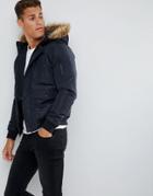 French Connection Faux Fur Hood Flight Jacket-navy