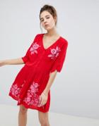 Asos Embroidered Casual Mini Tea Dress With Button Through - Red