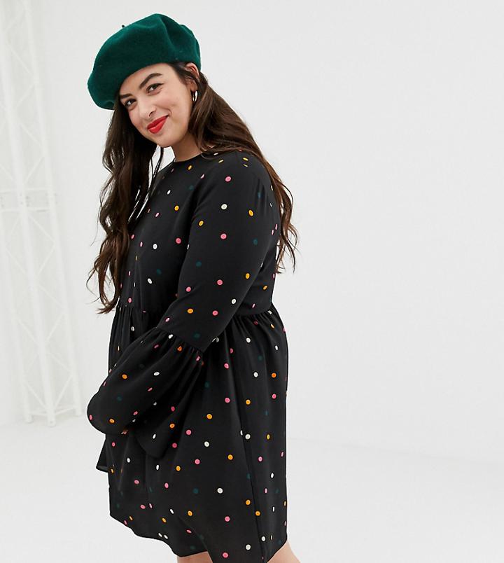 Asos Design Curve Fluted Sleeve Smock Mini Dress In Multi Polka Dot