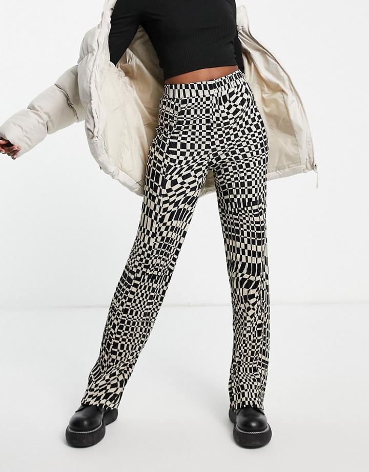 Monki Plisse Wavy Checkerboard Pants In Black