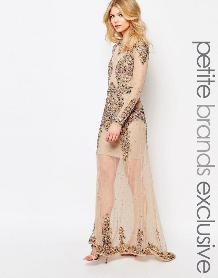 Maya Petite Allover Embellihsed Flesh Flash Maxi Dress With Train - Multi
