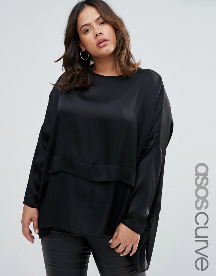 Asos Curve Top In Satin With Sheer Hem - Black