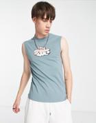 Asos Design Shrunken Fit Tank Top In Light Blue With Cartoon Front Print