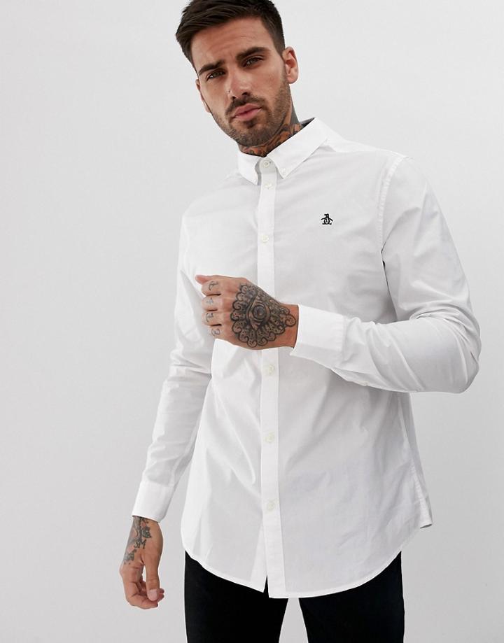 Original Penguin Icon Logo Poplin Stretch Shirt With Button Down Collar In White