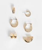 Asos Design Pack Of 3 Hoop Earrings In Double Row And Rib Designs In Gold Tone