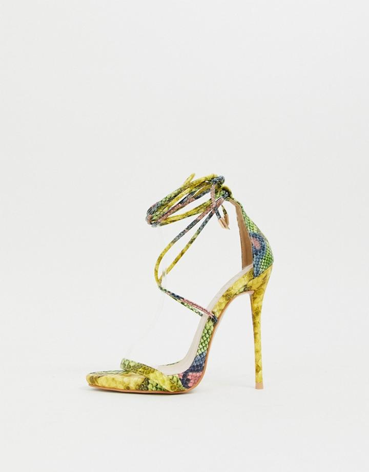 Simmi London Shania Yellow Snake Ankle Tie Heeled Sandals-multi