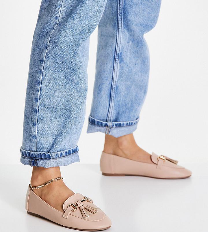 London Rebel Wide Fit Metal Trim Loafers With Tassle In Beige-neutral