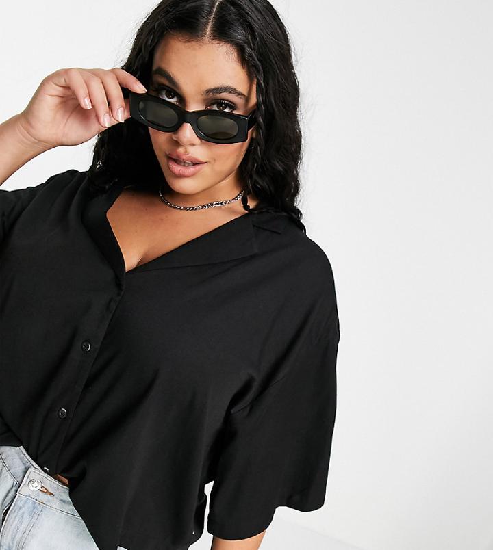 Dr Denim Plus Short Sleeve Drop Shoulder Resort Blouse In Black