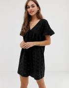 Asos Design Reversible Frill Sleeve Broderie Smock Dress - Black