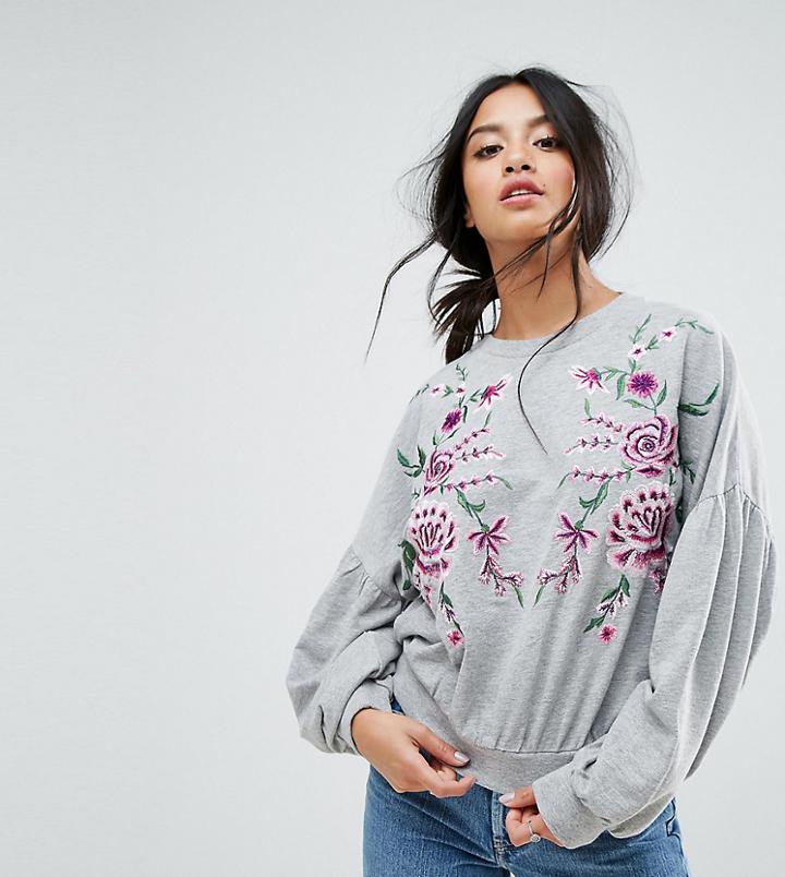 Asos Petite Sweatshirt With Floral Embroidery - Gray
