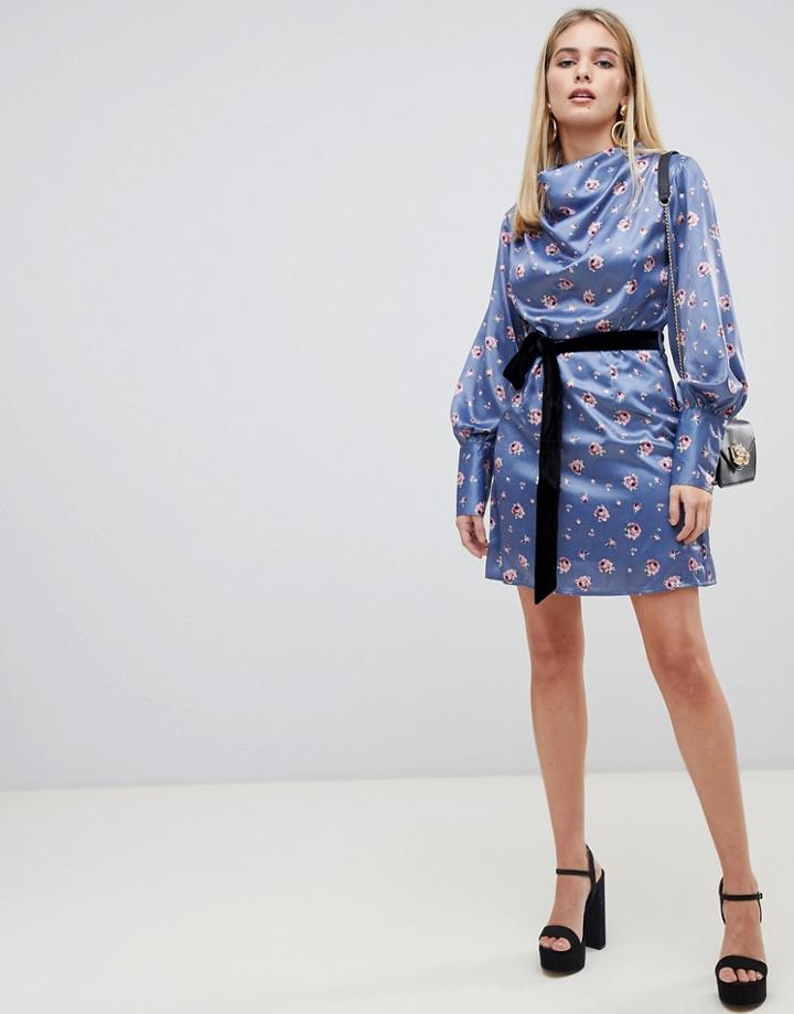 Fashion Union Cowl Neck Dress With Tie Waist In Romantic Floral-gray