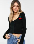 Skinnydip Relaxed Cardigan With Knitted Cherry Embroidery-black