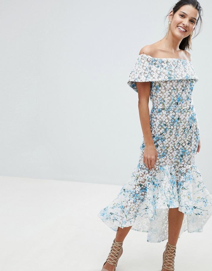 Bronx And Banco Embroidered Dipped Hem Midi Dress - Blue