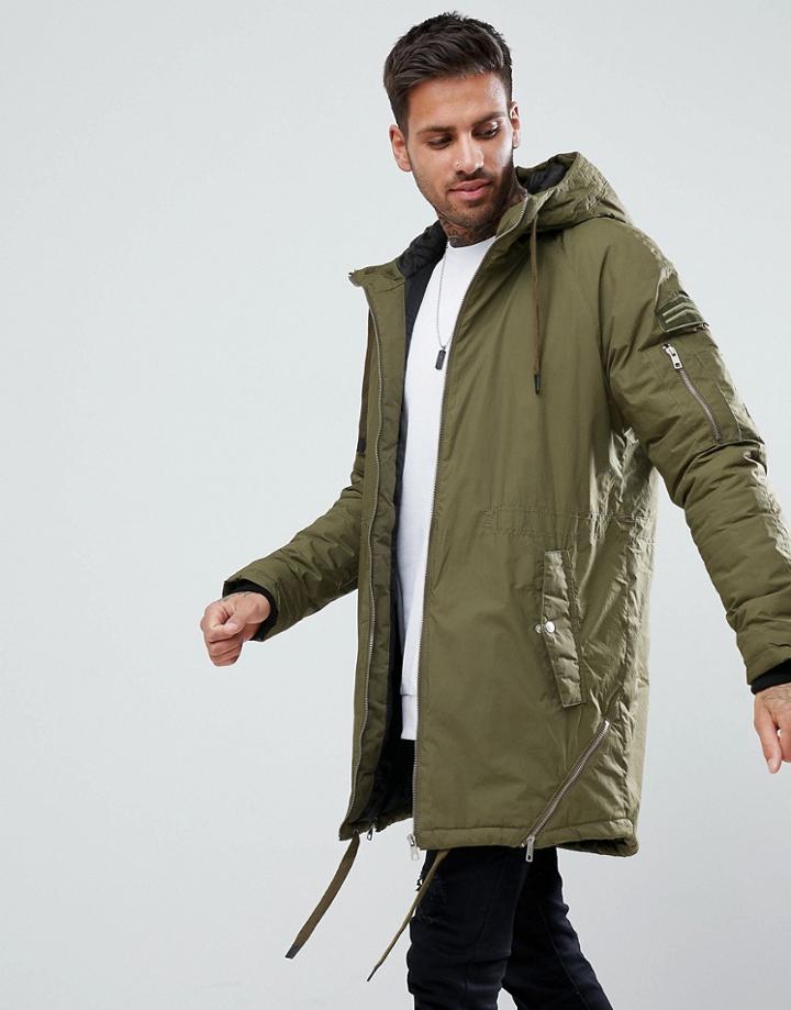 Bershka Hooded Puffer Parka In Khaki - Green