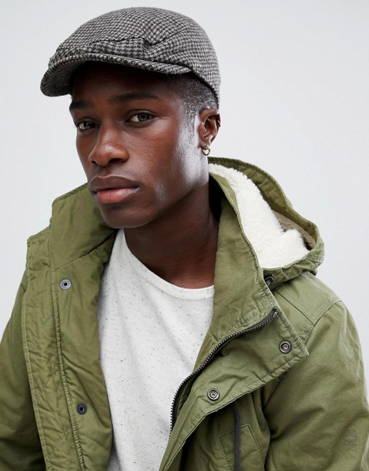 Asos Design Flat Cap In Gray Houndstooth - Gray