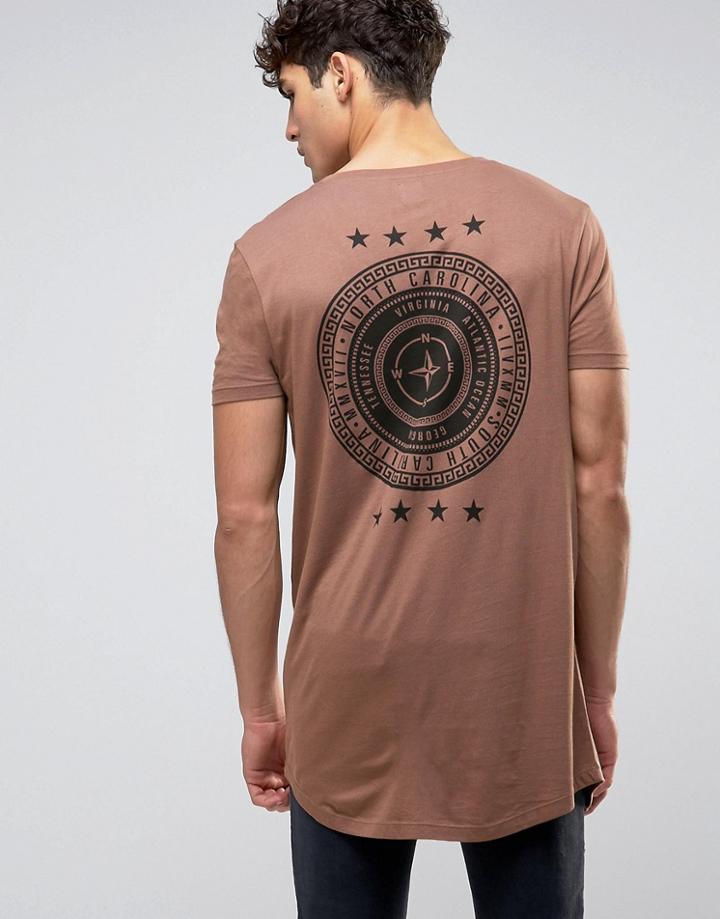 Asos Super Longline T-shirt With Compass And Stars Back Print - Brown