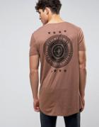 Asos Super Longline T-shirt With Compass And Stars Back Print - Brown