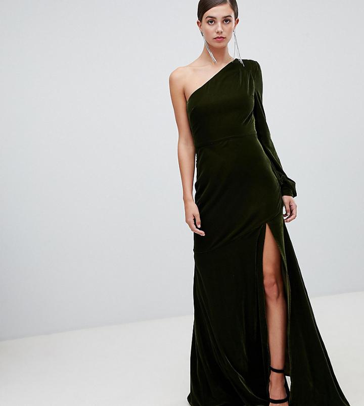 Asos Design Tall Exclusive Velvet One Shoulder 70's Maxi Dress - Green