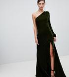 Asos Design Tall Exclusive Velvet One Shoulder 70's Maxi Dress - Green