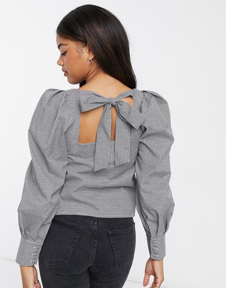 Asos Design Long Sleeve Square Neck Top With Button Front In Micro-check Print-multi