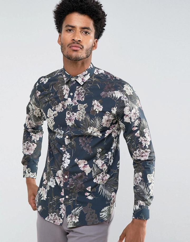 Selected Homme Slim Smart Shirt In Tropical Print - Navy