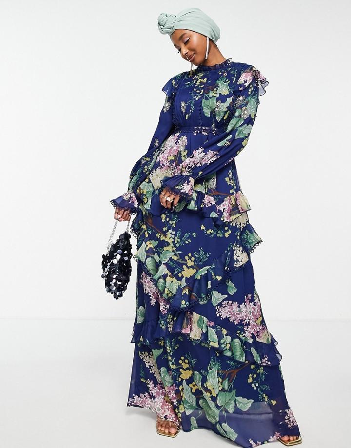 Asos Design Embellished Maxi Dress With Layered Skirt And Lace Insert Detail In Blue Floral Print-multi