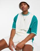 Asos Design Oversized T-shirt In Ecru And Green Towelling Color Block - Part Of A Set-white