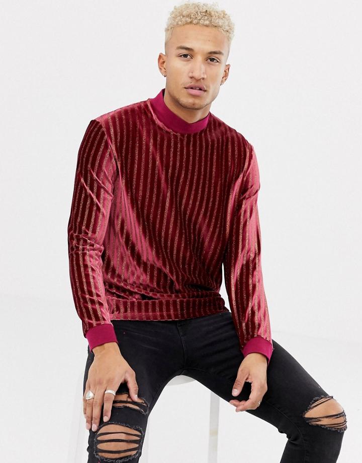 Asos Design Relaxed Velour Stripe Longline Long Sleeve T-shirt With Turtleneck In Gold Glitter - Red