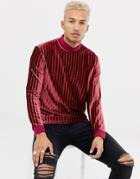 Asos Design Relaxed Velour Stripe Longline Long Sleeve T-shirt With Turtleneck In Gold Glitter - Red