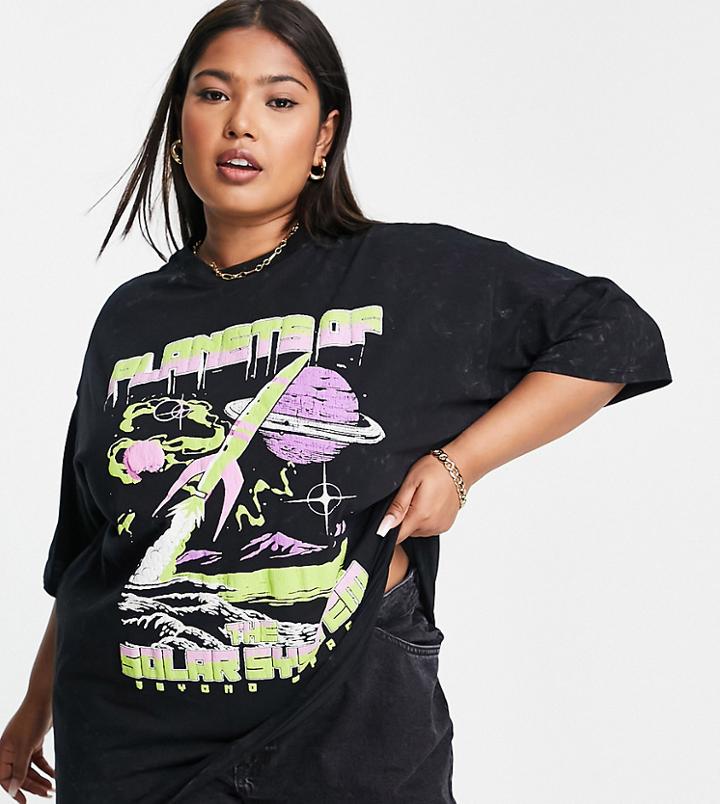 Asos Design Curve Oversized T-shirt With Solar System Front Graphic Print-black