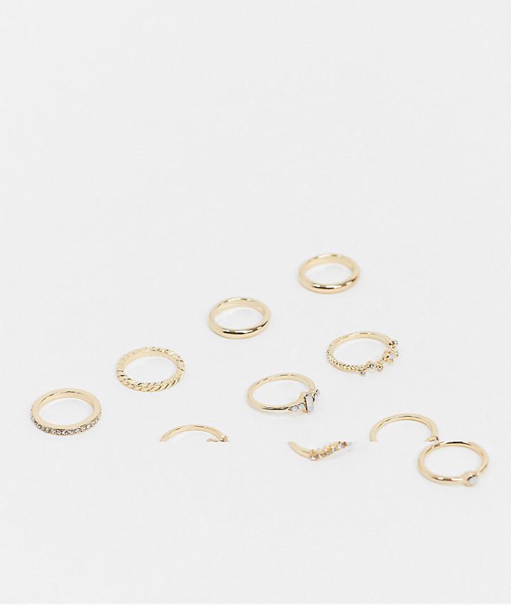 Asos Design Pack Of 10 Rings With Opal Stones In Gold Tone