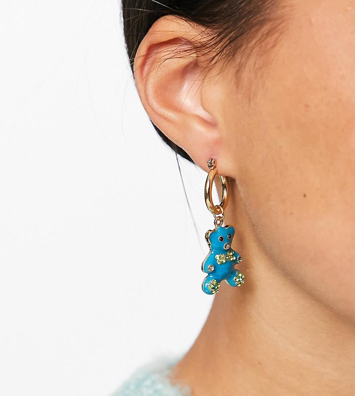 Reclaimed Vintage Inspired Huggie Hoop Drop Earrings With Bear Charms In Gold