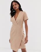 Unique21 Linen Short Sleeve Wrap Dress - Gray
