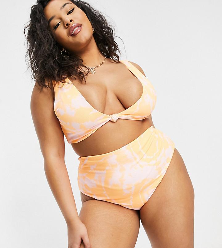 Asos Design Curve Mix And Match High Waist Bikini Bottom In Sunbleached Orange Tie Dye