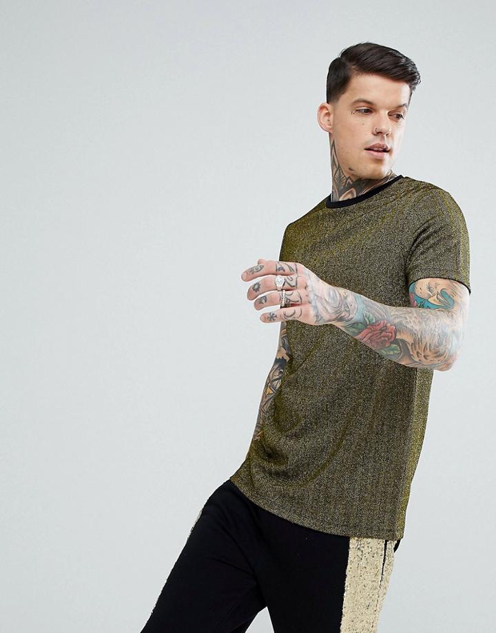 Asos Longline T-shirt In Gold Metallic Herringbone - Gold