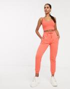 Asos Design Two-piece Crop Cami With Square Neck And Lettuce Hem In Coral-pink