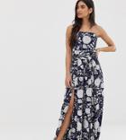 Sisters Of The Tribe Split Leg Strapless Jumpsuit In Floral-navy
