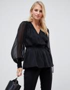 Asos Design Sheer Long Sleeve Wrap Top With Lace Inserts-black