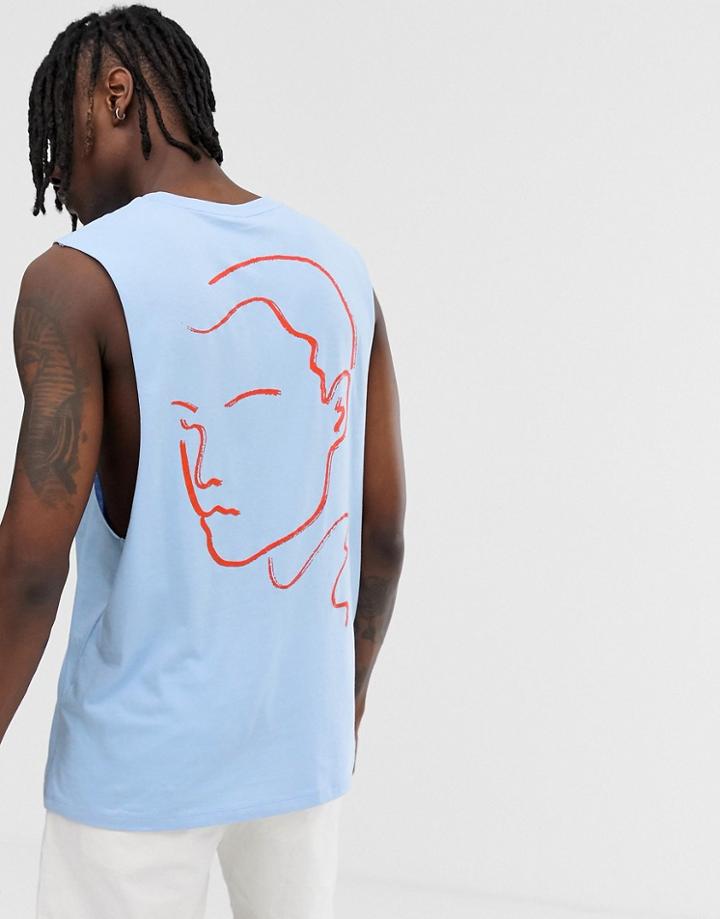 Asos Design Organic Cotton Relaxed Sleeveless T-shirt With Sketch Print In Puff-blue