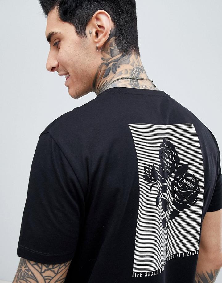 Asos Design Relaxed Longline T-shirt With Rose Back Print - Black