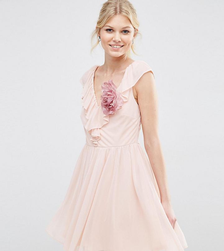 Asos Petite Ruffle V Front Mini Dress With Corsage - Pink