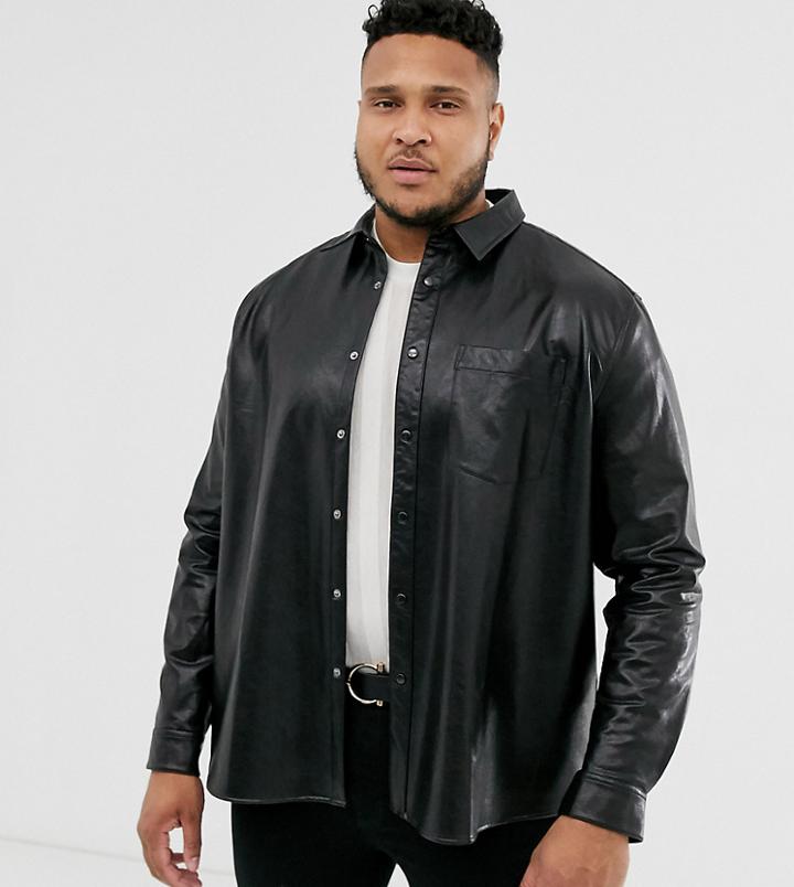 Asos Design Plus Regular Fit Leather Look Shirt In Black - Black