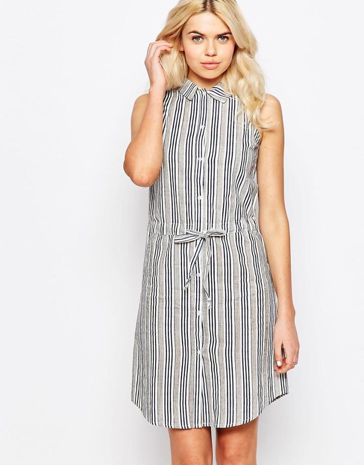Influence Drawstring Waist Linen Stripe Shirt Dress - Gray