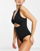 Asos Design Fuller Bust Recycled Loop Front Supportive Swimsuit With Knot In Black
