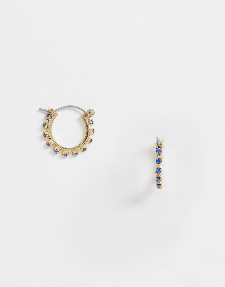 Asos Design Hoop Earrings With Colored Rhinestones In Gold Tone - Blue