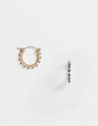 Asos Design Hoop Earrings With Colored Rhinestones In Gold Tone - Blue