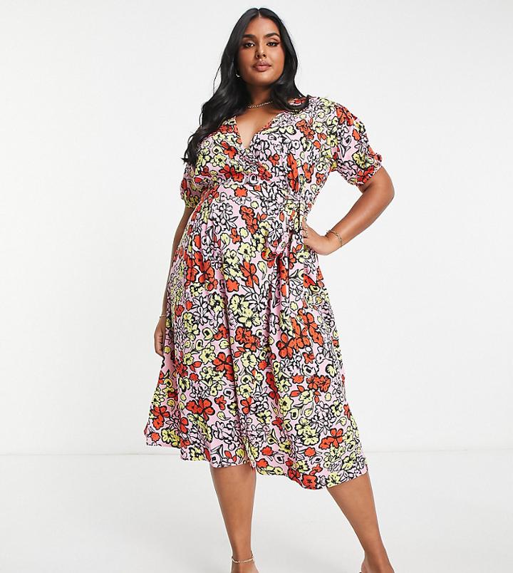 Influence Plus Wrap Front Midi Dress In Bold Floral Print-multi