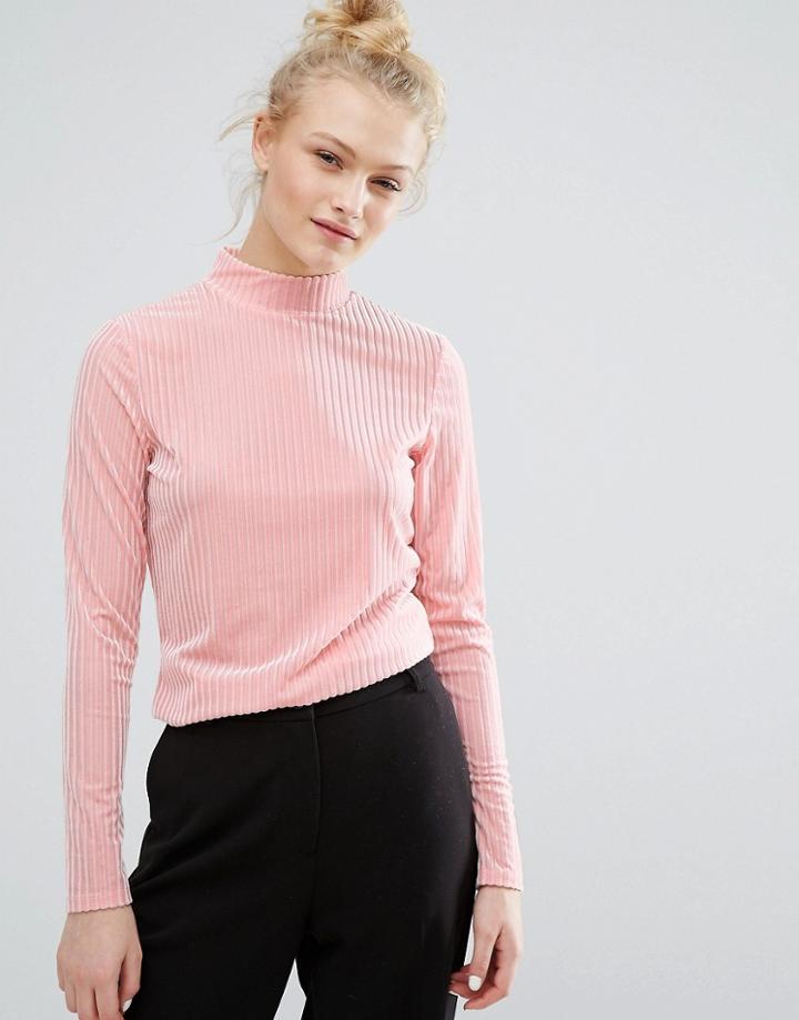 Monki Ribbed Velvet High Neck Top - Pink
